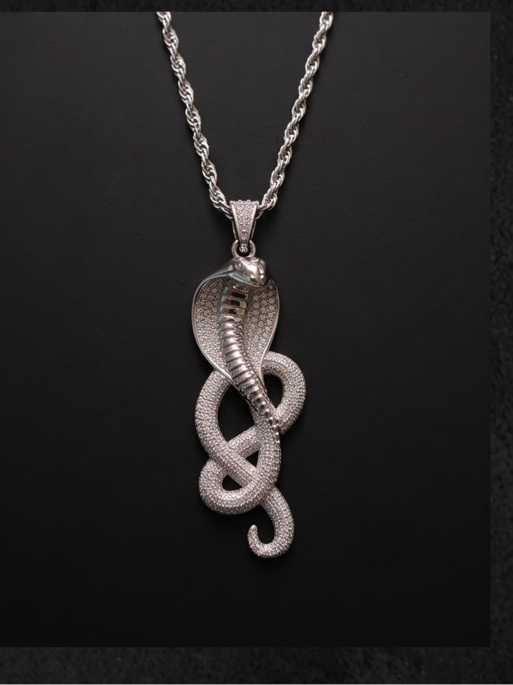 Iced Out Cobra Snake Pendant Necklace – White Gold Plated (24" Rope Chain)